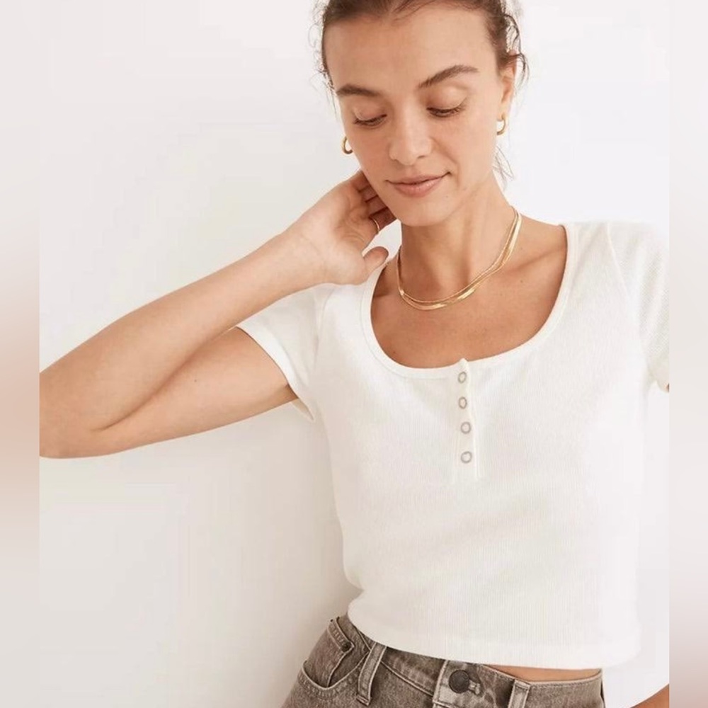 Madewell Ribbed Henley High Crop Tee in White Size Small